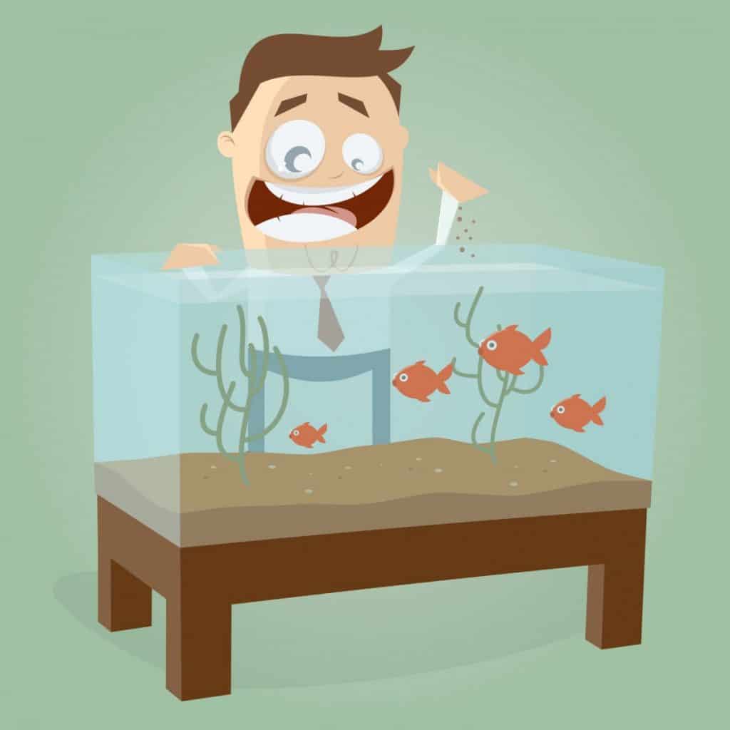 Image of a cartoon man feeding his fish